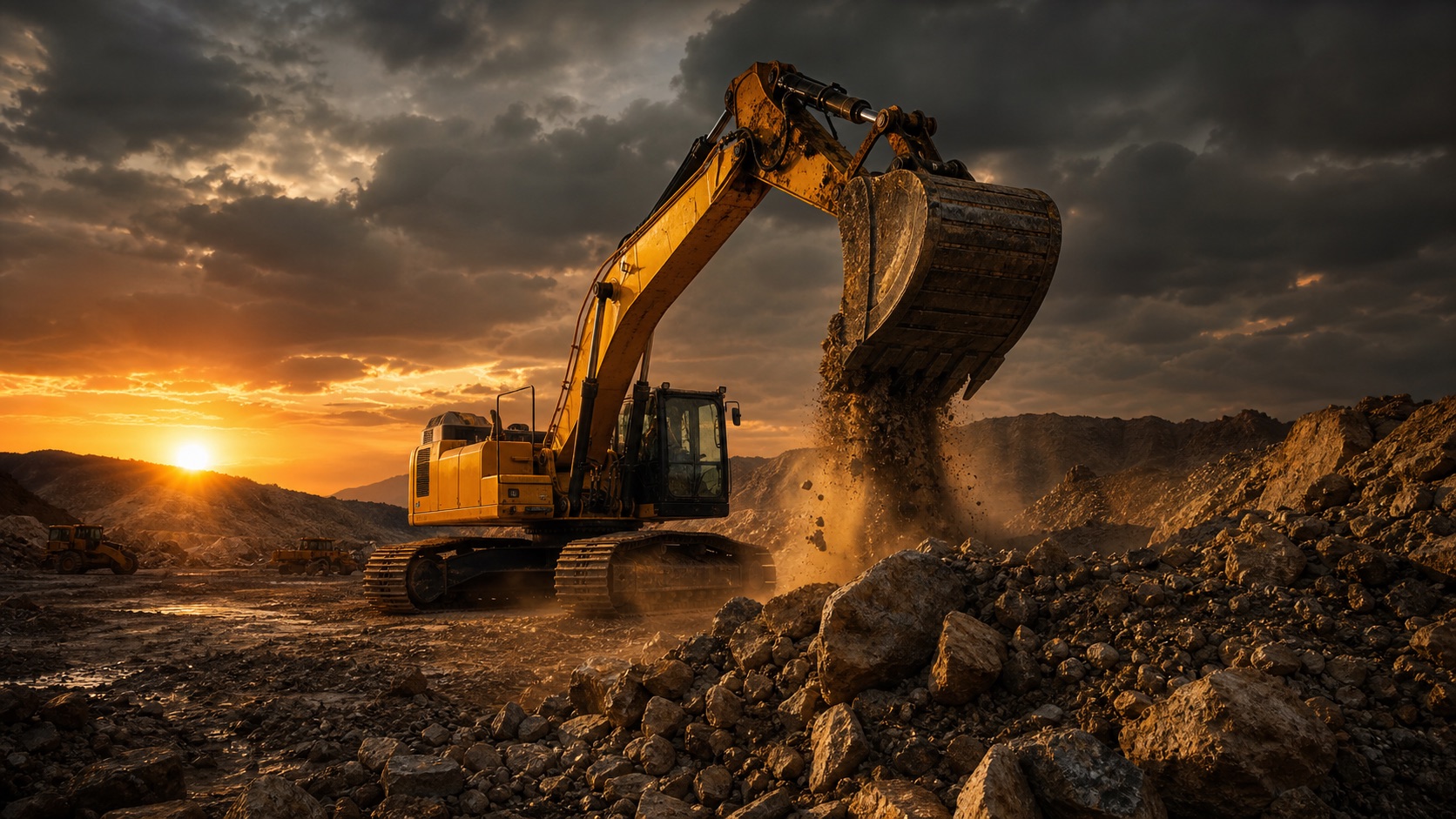 Excavadora trabajando en obra al atardecer